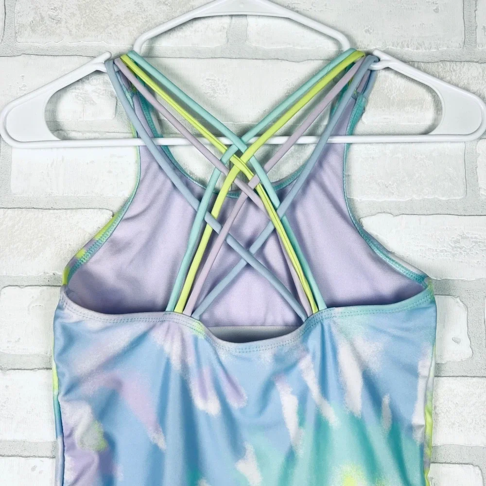 Justice Beach Girls‎ Tie Dye One Piece Swimsuit Multi Strap Blue Purple L 12/14